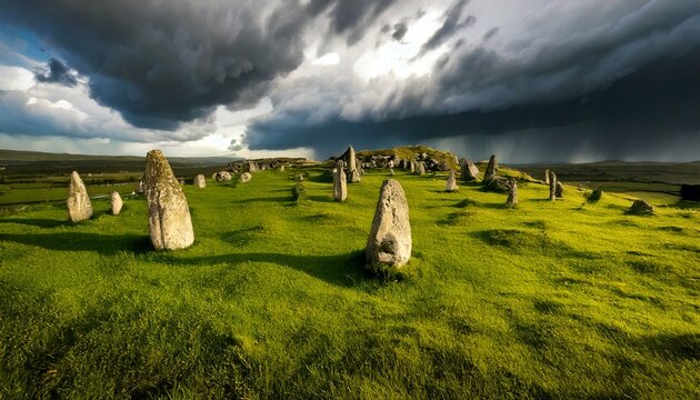 stone circle on a grassy hill under a stormy sky 