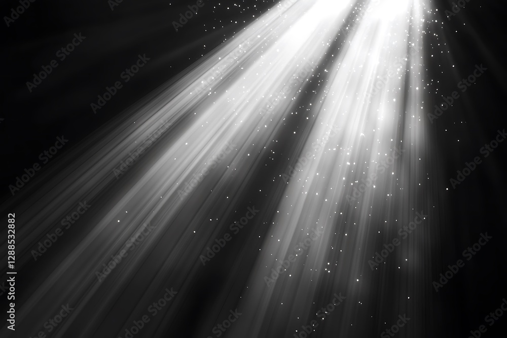 Aufkleber bright light rays shining from above on black background with sparkles.