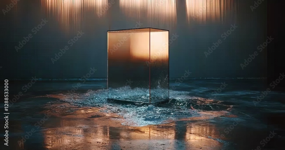 Poster a futuristic sci-fi setting features a concrete floor with blue strips, illuminated frozen glass on 