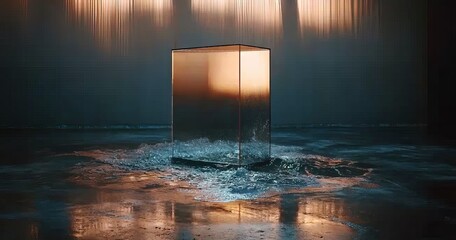 A futuristic sci-fi setting features a concrete floor with blue strips, illuminated frozen glass on either side, and empty space for text within a billboard-like concept, presented as a 3D rendering