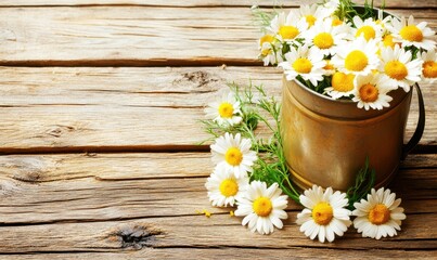 Obraz premium A rustic metal watering can filled with vibrant daisies on a weathered wooden table