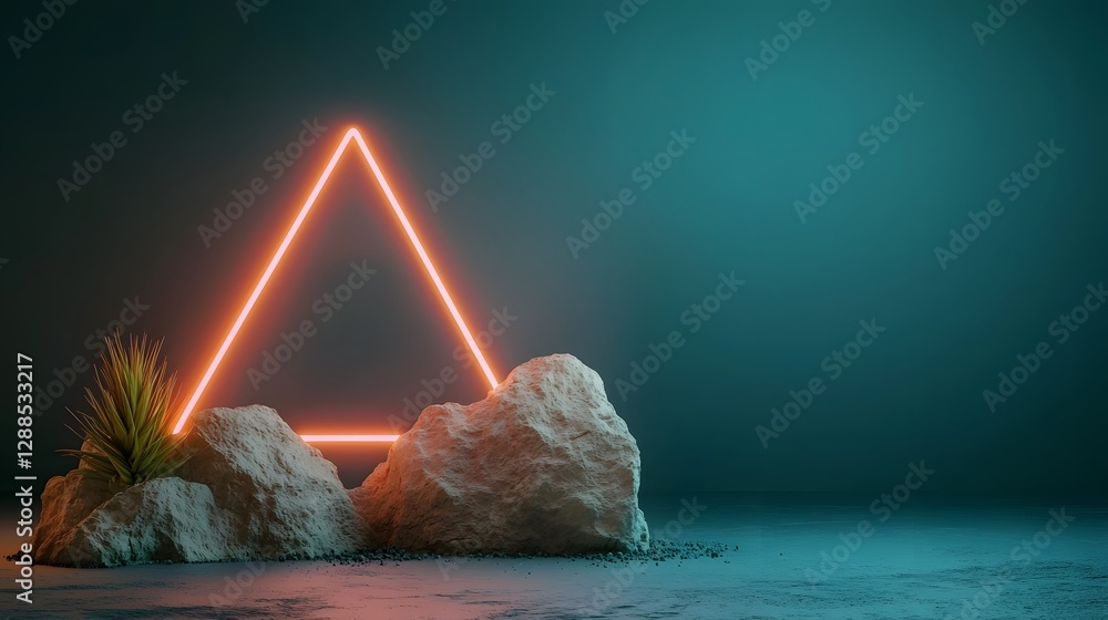 Poster captivating triangular neon shapes symmetrically positioned along the edges of a dark moody backgrou
