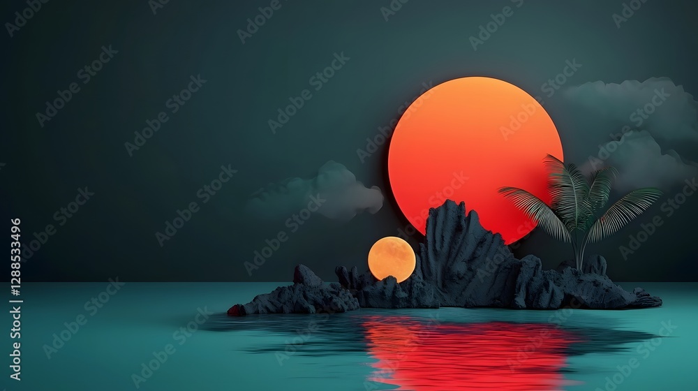 Aufkleber captivating synthwave inspired island landscape at sunset featuring a glowing neon grid pattern flow