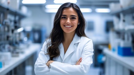 Latina scientist conducts research in a state-of-the-art laboratory filled with advanced equipment and technology