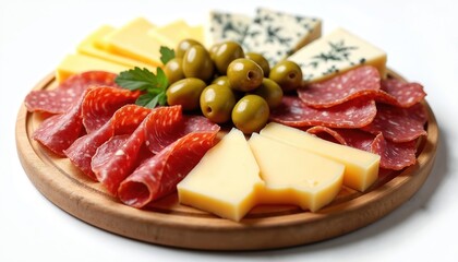 Obraz premium Gourmet cheese charcuterie platter on wooden board. Assortment includes salami slices, olives, parsley, yellow cheeses, blue mold cheeses. Variety of meat, dairy products on table. Appetizing