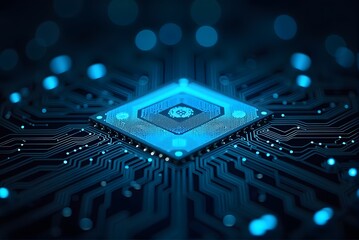 Close-Up View of a Glowingly Illuminated Microchip on a Circuit Board with Digital Patterns