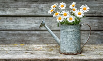 Fototapeta premium A rustic watering can filled with daisies sits on a weathered wooden table in a serene garden