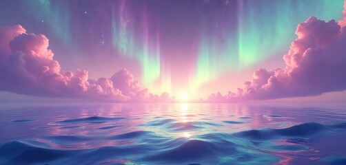 Obraz premium Beautiful colorful ocean with clouds in background, aurora polaris above. Fantasy vibrant borealis over calm sea. Scenic northern lights, night reflection. Abstract dark blue sky with purple heaven,