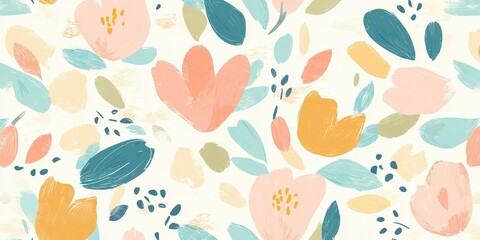 Fototapeta premium A vibrant floral pattern featuring pastel flowers and leaves, ideal for spring-themed designs or backgrounds.