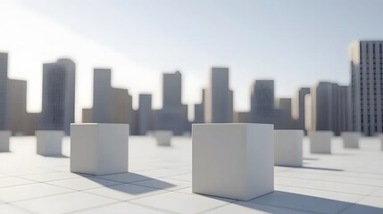 Naklejka premium Abstract Urban Landscape with Geometric White Cubes and City Skyline in Minimalist Style