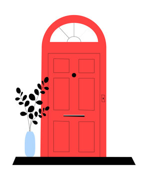 Red Wooden Door With Arched Frame In Flat Vector Illustration Symbolizing Home Entrance, Classic Design, And Security, Isolated On White Background