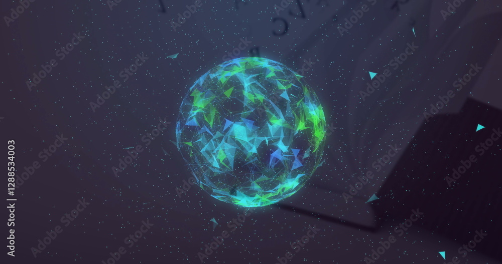 Poster rotating globe with triangular particles image over dark background