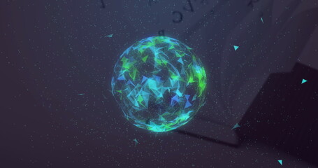 Rotating globe with triangular particles image over dark background