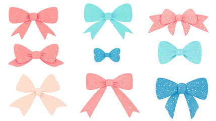 Collection of pastel bows in blue, pink, and cream with polka dot accents