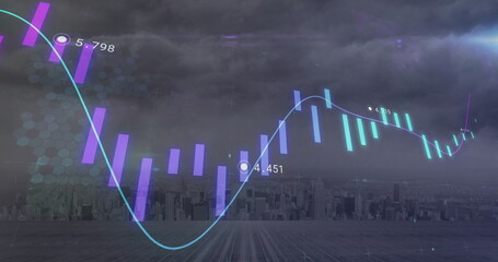 Image of purple and blue graph processing data over cloudy grey cityscape