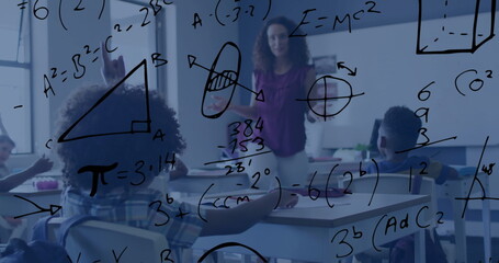 Image of geometry and maths equations over diverse female teacher and schoolchildren in class
