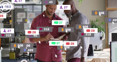 Image of social media icons and data processing over diverse business people in office