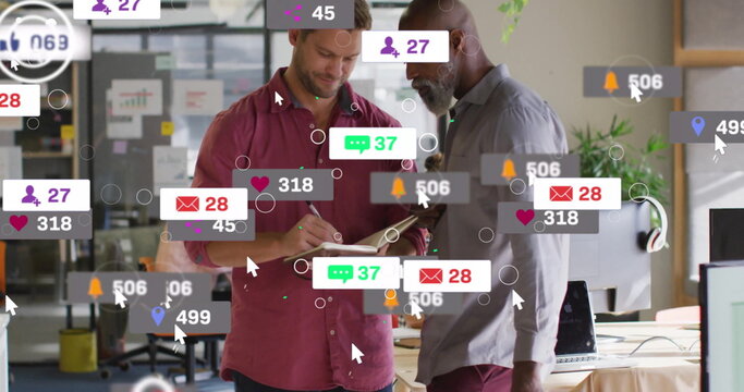 Image of social media icons and data processing over diverse business people in office