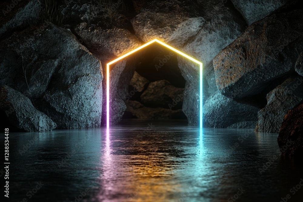 Poster a 3d rendering featuring an ultraviolet neon light, a tunnel, and hexagons, all within a framed abst