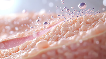 A realistic animation of a magnified cross-section of human skin, showing serum molecules being absorbed through pores and nourishing the dermis 