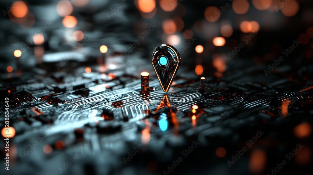 Poster ai-powered location pin on a futuristic map background with advanced technology