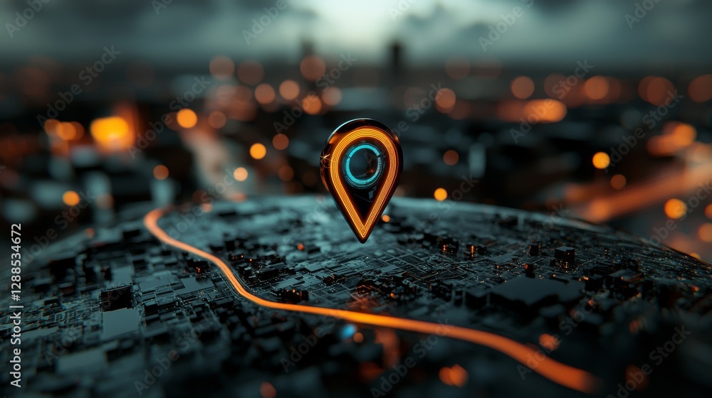 Poster a futuristic background featuring a map with an ai-driven location pin and cutting-edge technology