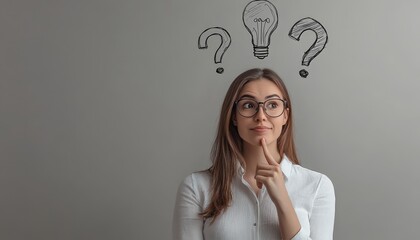Businesswoman with light bulb ideas and question marks in marketing strategy on grey background