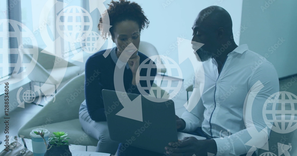 Poster image of globe icons and data processing over diverse business people in office