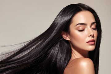 Una hermosa mujer con cabello largo y negro se muestra en un elegante perfil, irradiando sofisticación y belleza.