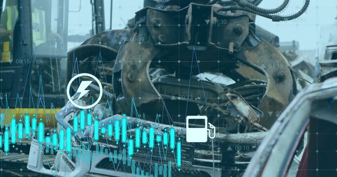 Image of financial data processing with icons over landfill