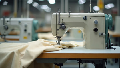 Close-up of sewing machines in modern factory. Cream fabric under needle, cloth production. Automated textile industry, garment manufacture. Tailoring process, clothes sewing, dressmaking equipment