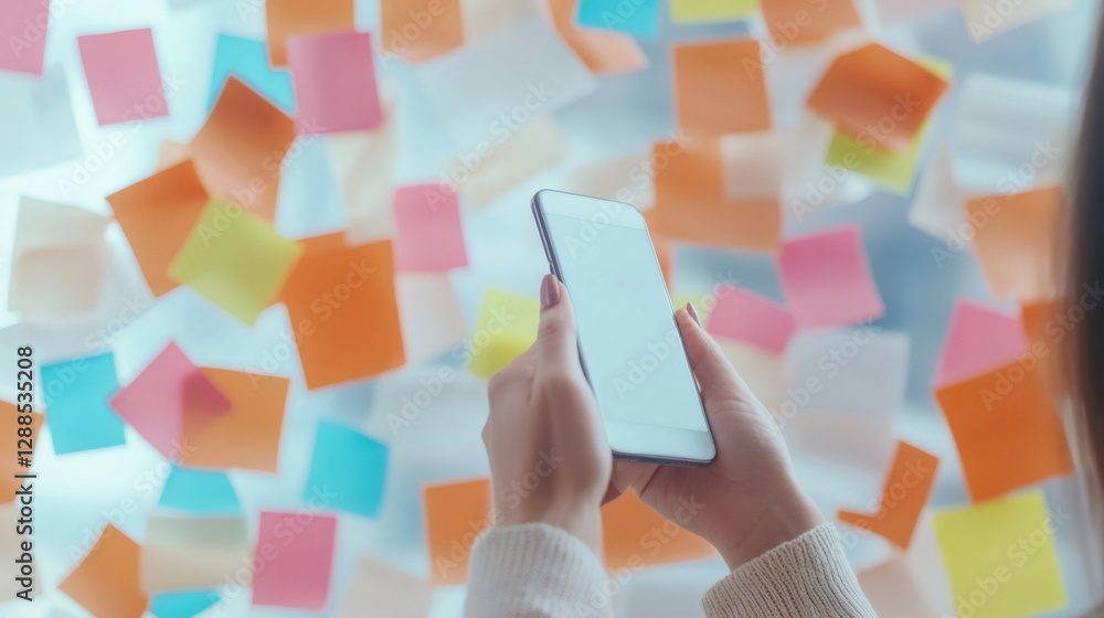 Poster person holding a smartphone surrounded by colorful sticky notes, symbolizing multitasking, time mana