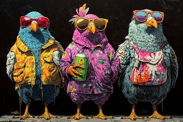 Un trío de aves coloridas y modernas con gafas de sol y ropa vibrante, posando con actitud divertida.