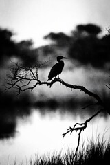 Un ave solitaria se posa en una rama, en un paisaje de sombras y neblina, creando una atm&oacute;sfera misteriosa.