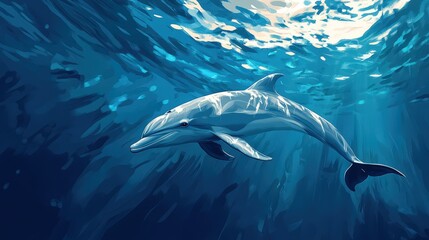 Fototapeta premium A graceful dolphin glides through shimmering sapphire waves, its head tilts playfully toward the light as it dances elegantly across the deep ocean canvas
