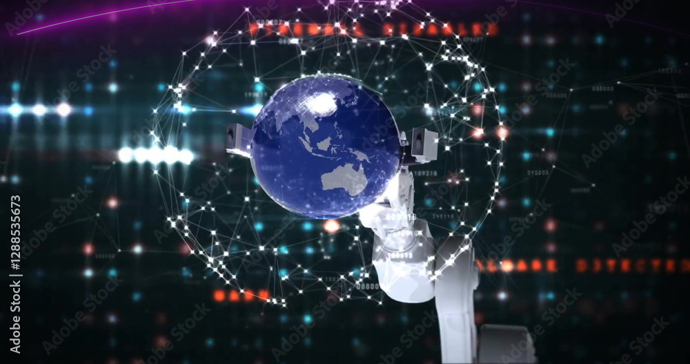 Poster image of robot arm picking holding globe with communication network against flashing data lights