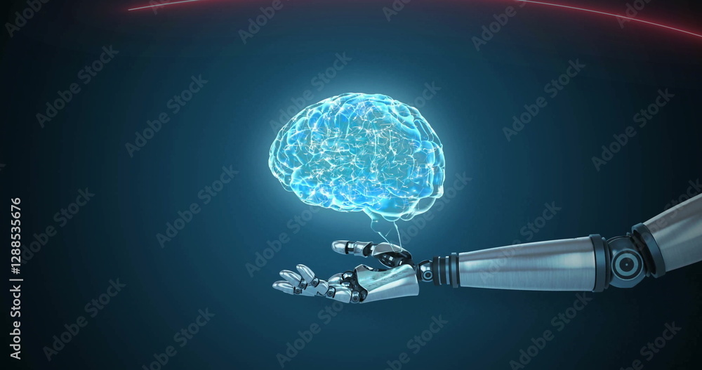 Poster image of glowing brain hovering above extended robot hand and arm, on dark background