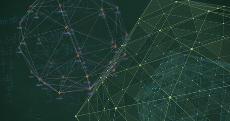 Image of network of connections and data processing on black background