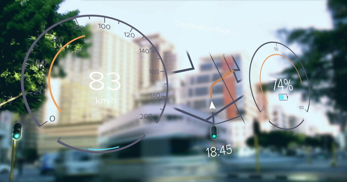 Image of electric car dashboard over city