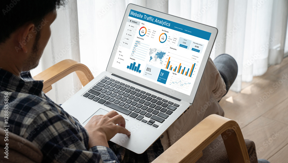Poster computer software for website traffic analytics data on computer screen. concept of seo search engin
