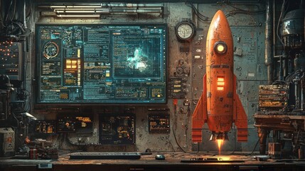 Retro-Futuristic Rocket Launch Preparation in a Dusty Workshop