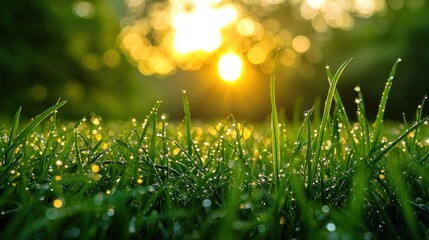 Dewy grass gleams at sunrise in a serene, lush, natural background setting