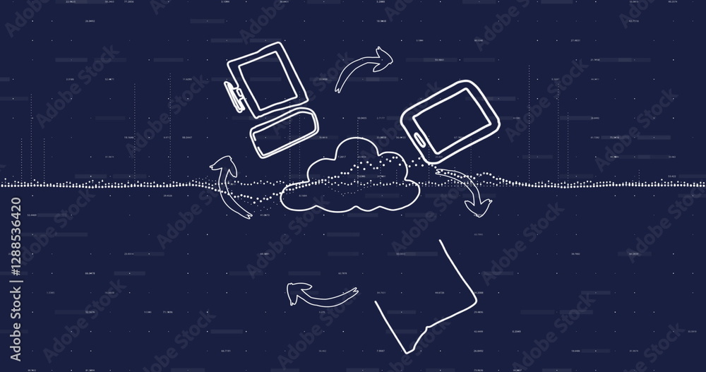 Poster image of media icons and data processing on blue background