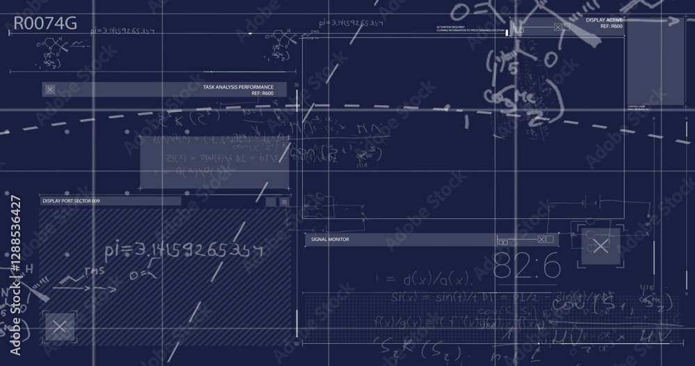 Poster image of mathematical equations and data processing on blue background