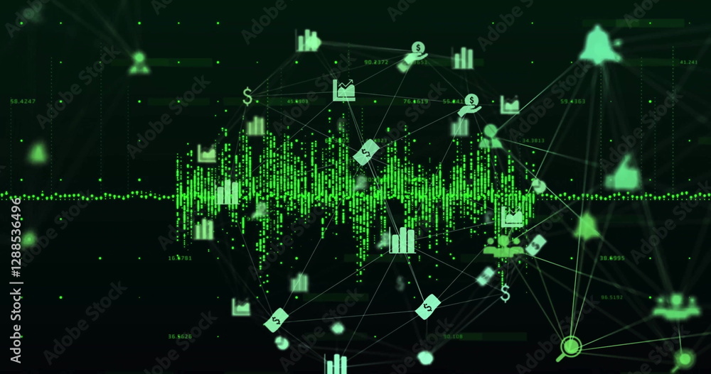Poster image of network of connections with icons over data processing on black background
