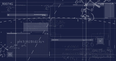 Image of mathematical equations and data processing on blue background