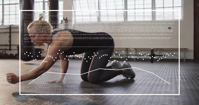 Image of data processing over caucasian woman doing plank at gym - Powered by Adobe