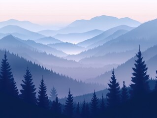 Misty Mountain Majesty: Serene Blue Hues of a Tranquil Forest Landscape