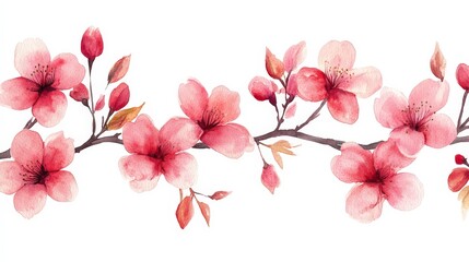 A watercolor illustration of pink cherry blossom flowers on a branch.