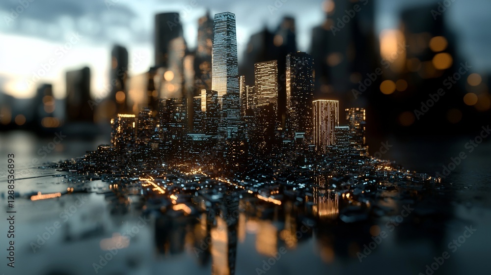 Poster the concept of technology and connection is illustrated through a 3d rendering of a city, presented 
